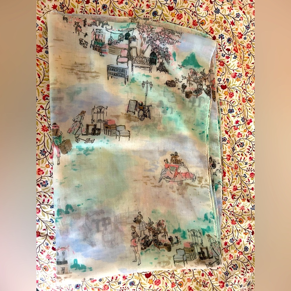 British Joules Sheer Scarf Birdcage Market Park Vacation Themed Excellent 78x28